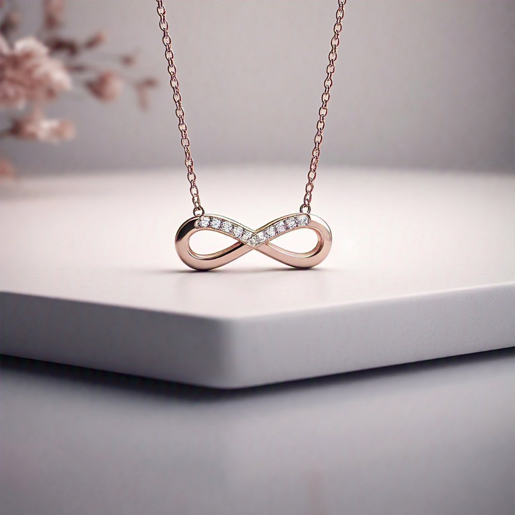 Thetis Rose Gold Pandora Swarovski Moissanite Infinity Necklace