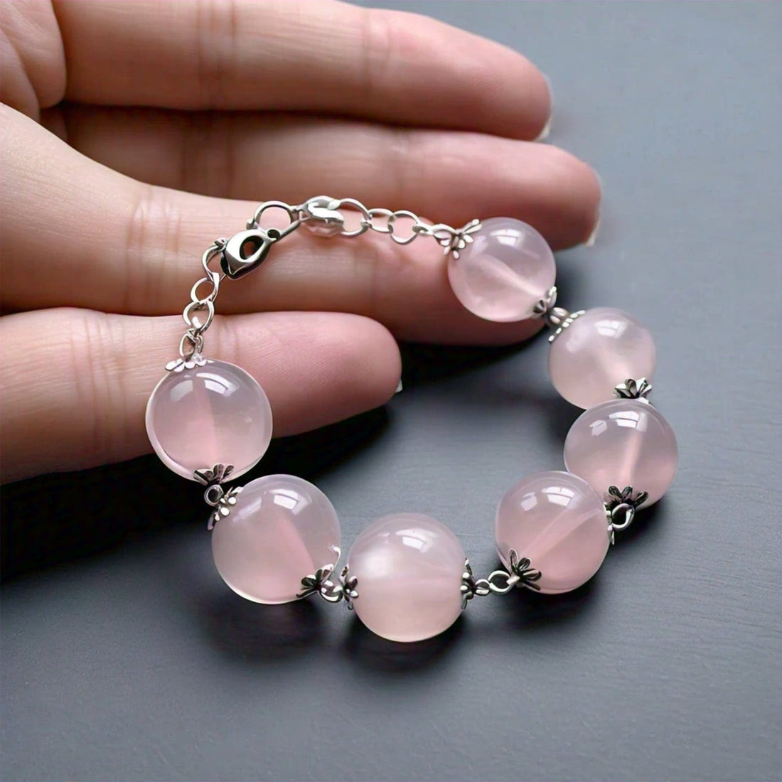 The Nutan Art Jewelry Bracelets Jaya Sterling Silver Pink Real Rose Quartz Crystal Beads Bracelet