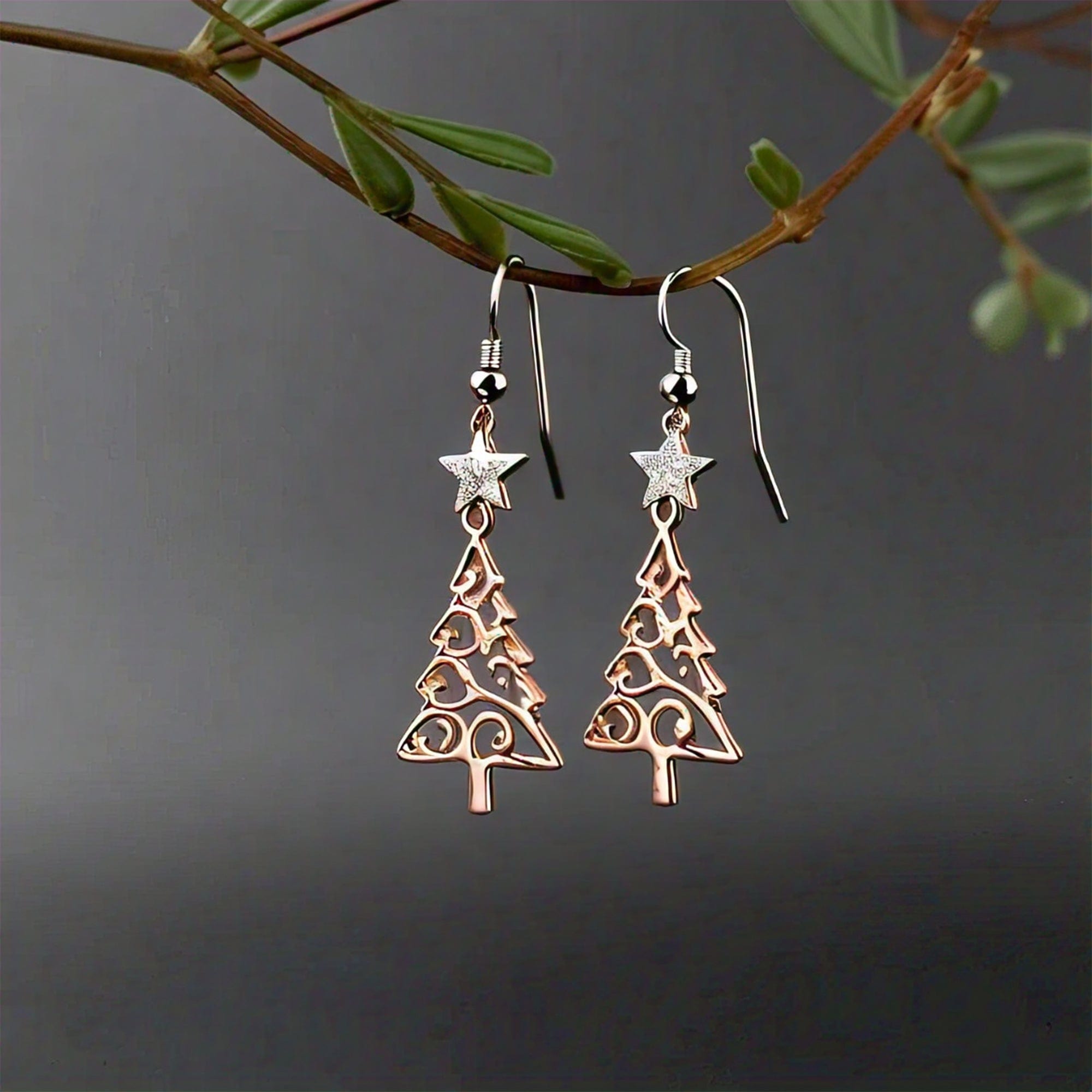 The Nutan Art Jewelry Earrings Arche Star Rose Gold Moissanite Christmas Tree Drop Earrings
