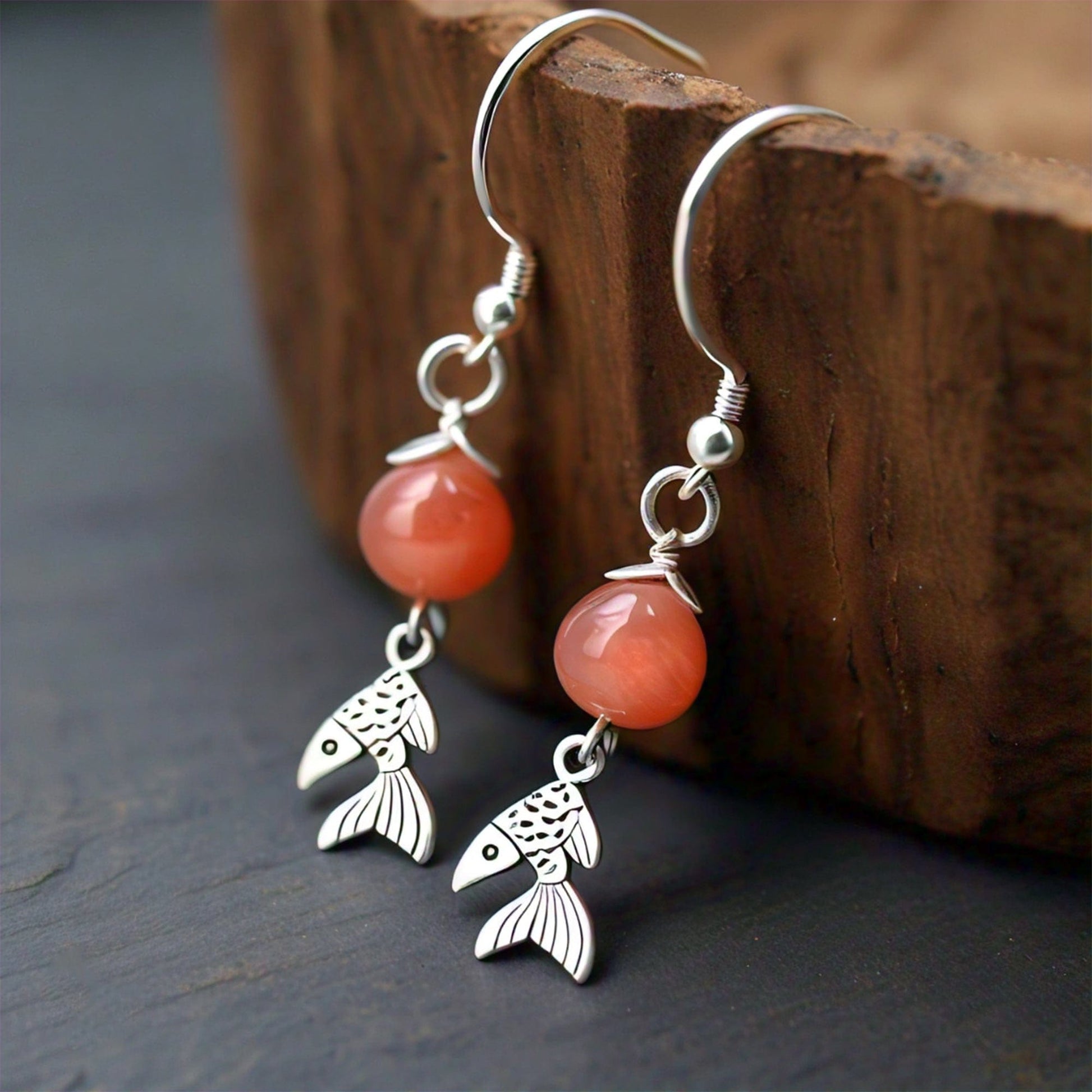 The Nutan Art Jewelry Earrings Circe Silver Antique Coral Drop Fish Hook Earrings