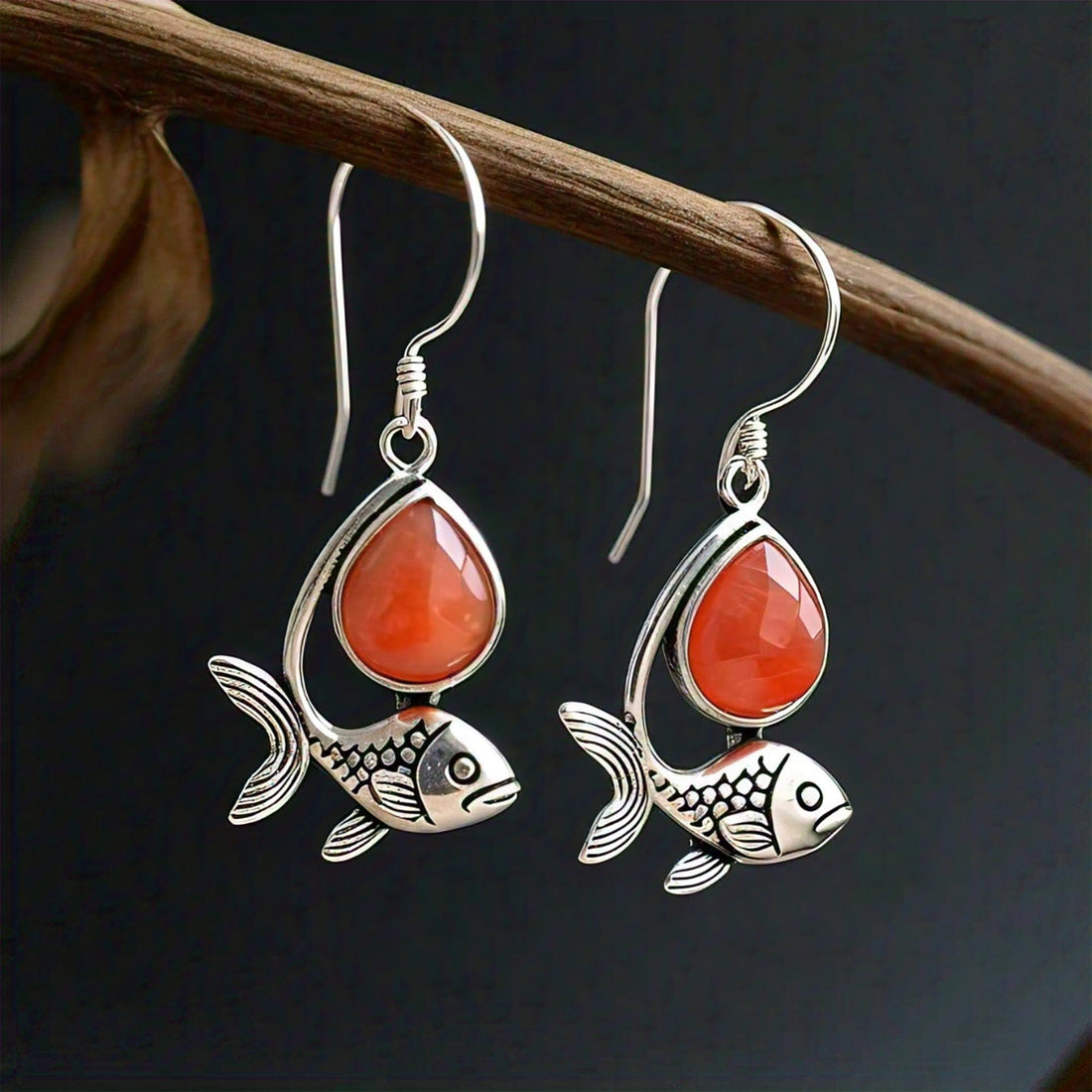 The Nutan Art Jewelry Earrings Cynthia Fish Hook Silver Antique Coral Drop Earrings