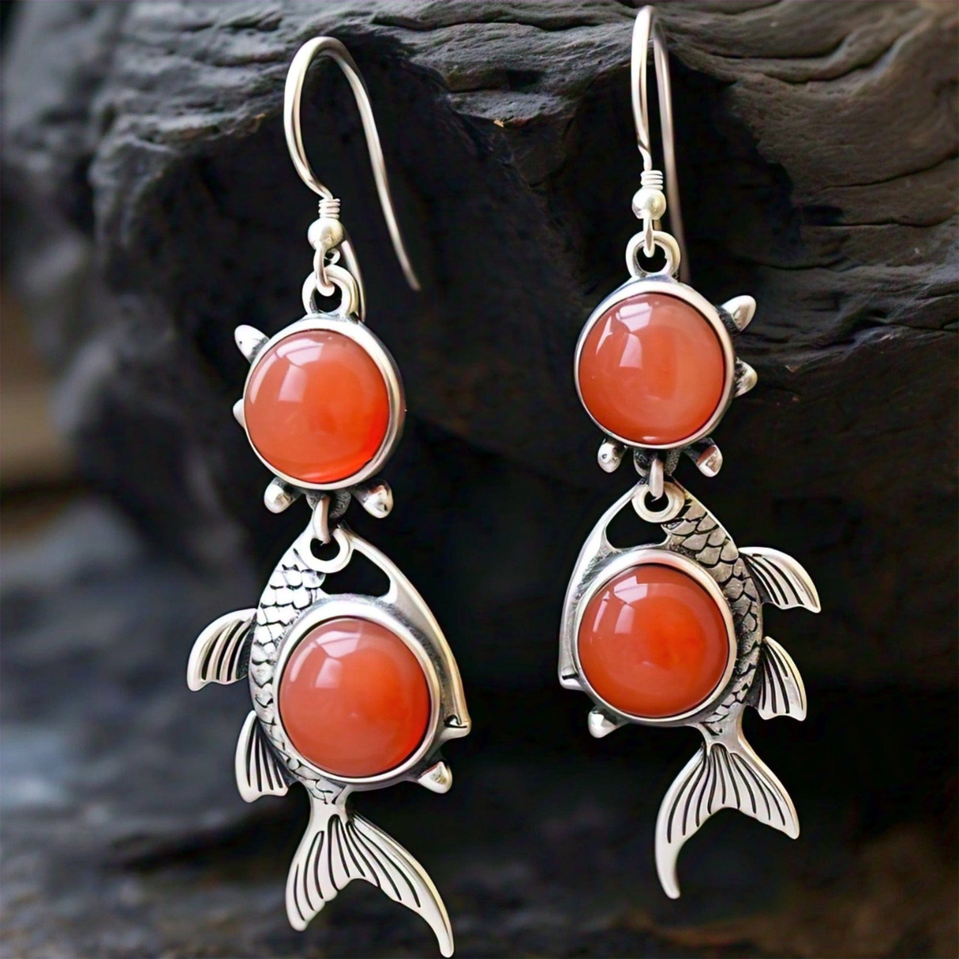 The Nutan Art Jewelry Earrings Delia Silver Antique Orange Coral Drop Fish Hook Earrings