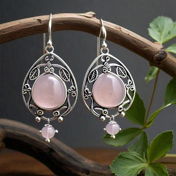 The Nutan Art Jewelry Earrings Minerva Pink Rose Quartz Drop & Dangle Leaf Earrings in Silver