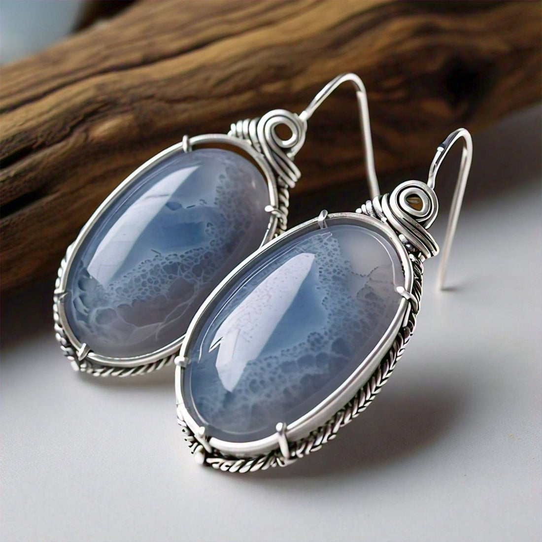 The Nutan Art Jewelry Earrings Selene Handmade Unique Blue Lace Agate Oval Earrings