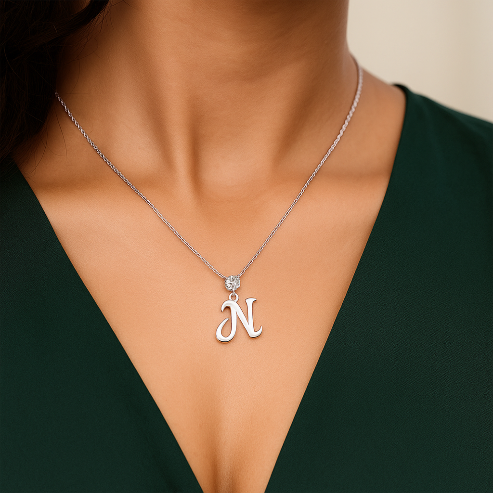 Umaya Sterling Silver Initial Moissanite Alphabet Necklace