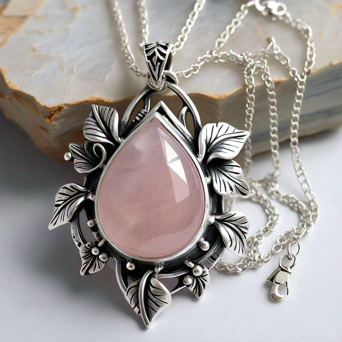 The Nutan Art Jewelry Necklaces Ariadne Rose Quartz Sterling Silver Leaf Necklace