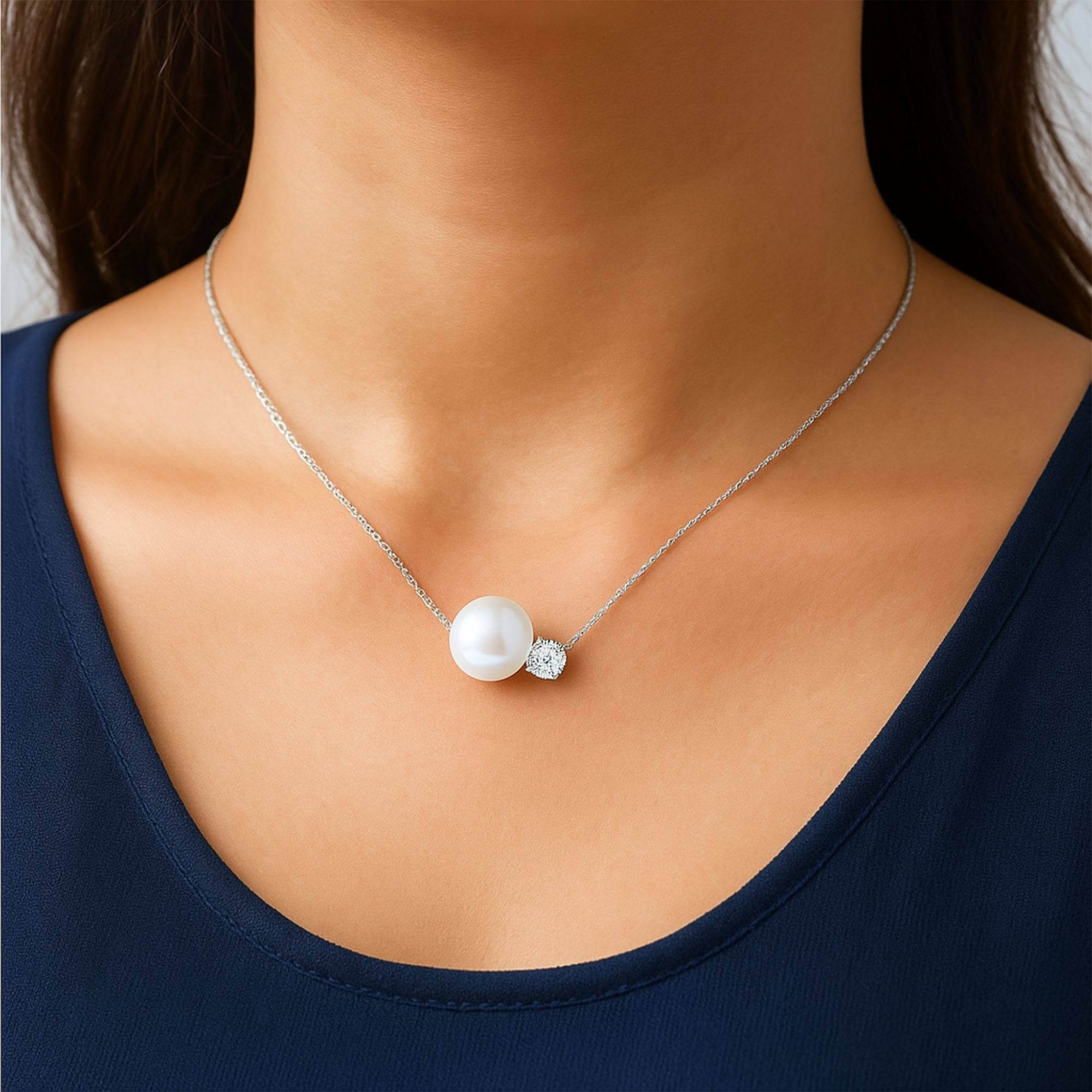 Pavana Sterling Silver Moissanite Real Freshwater Cultured Pearl Necklace