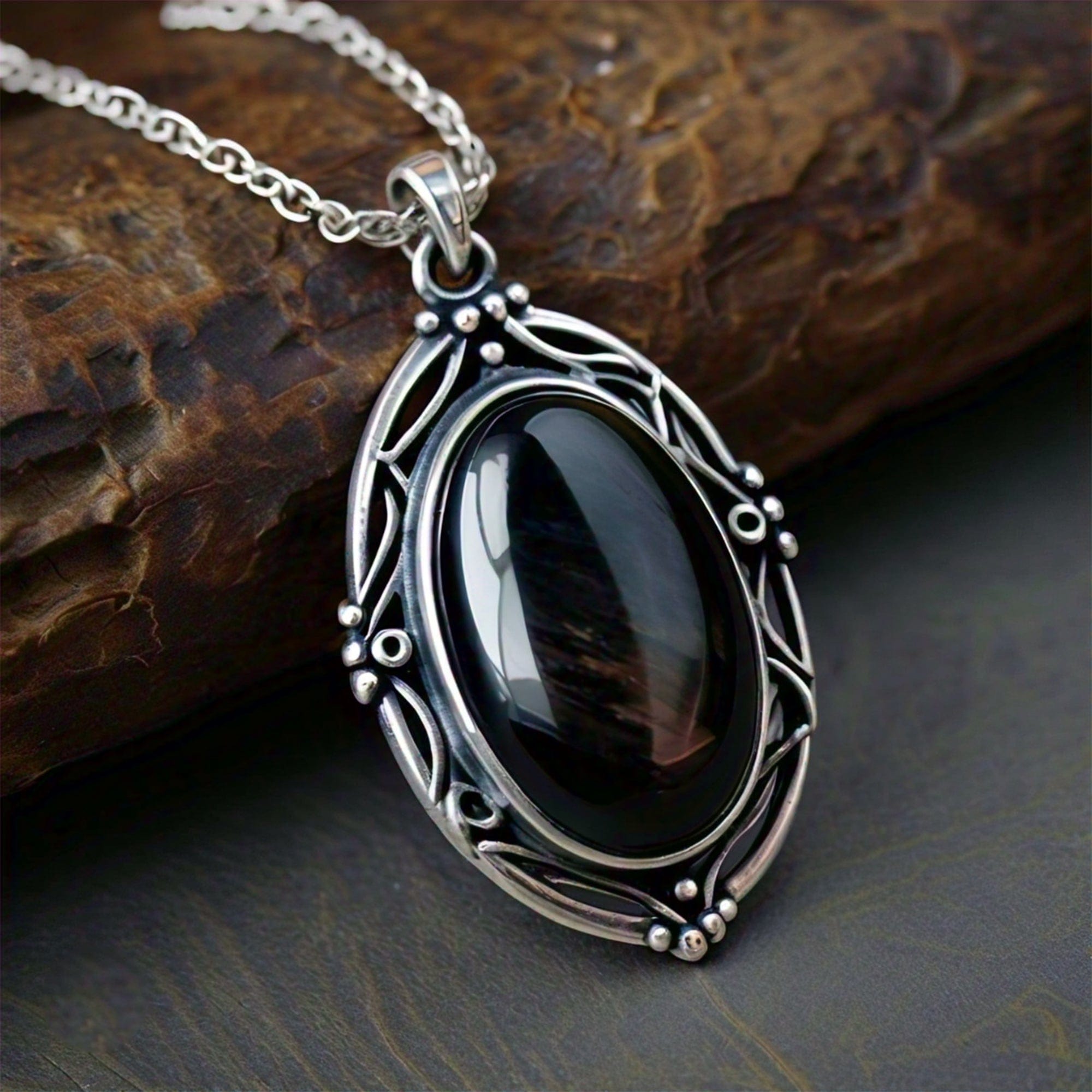 The Nutan Art Jewelry Pendants Asteria Minimalist Sterling Silver Antique Black Obsidian Pendant