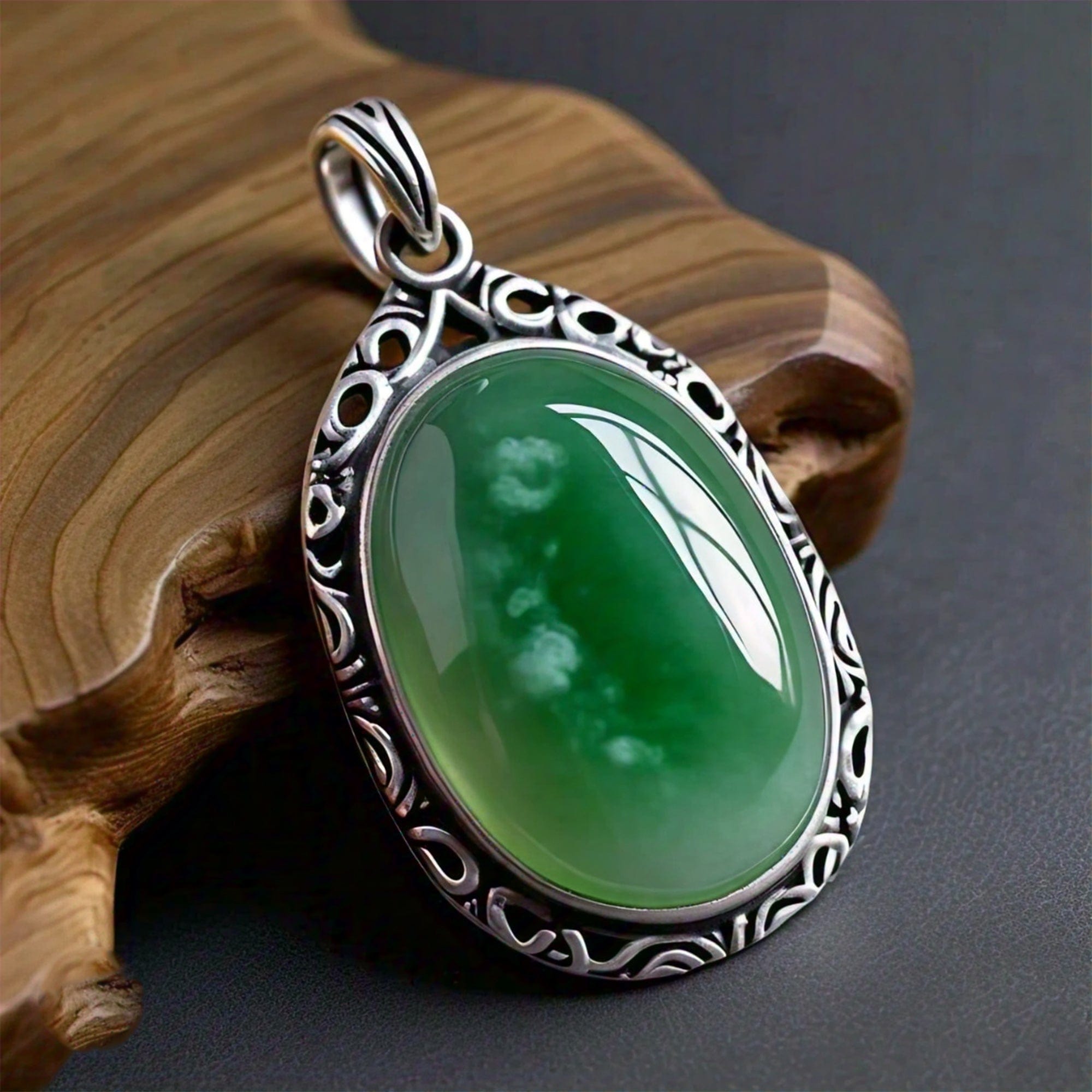 The Nutan Art Jewelry Pendants Ceridwen Sterling Silver Real Green Chinese Jade Pendant