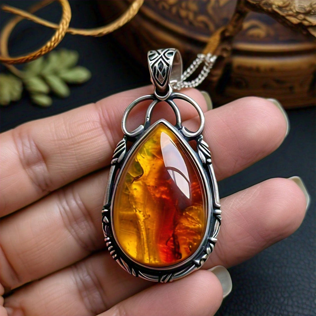 The Nutan Art Jewelry Pendants Doris Sterling Silver Big Natural Vintage Amber Pendant