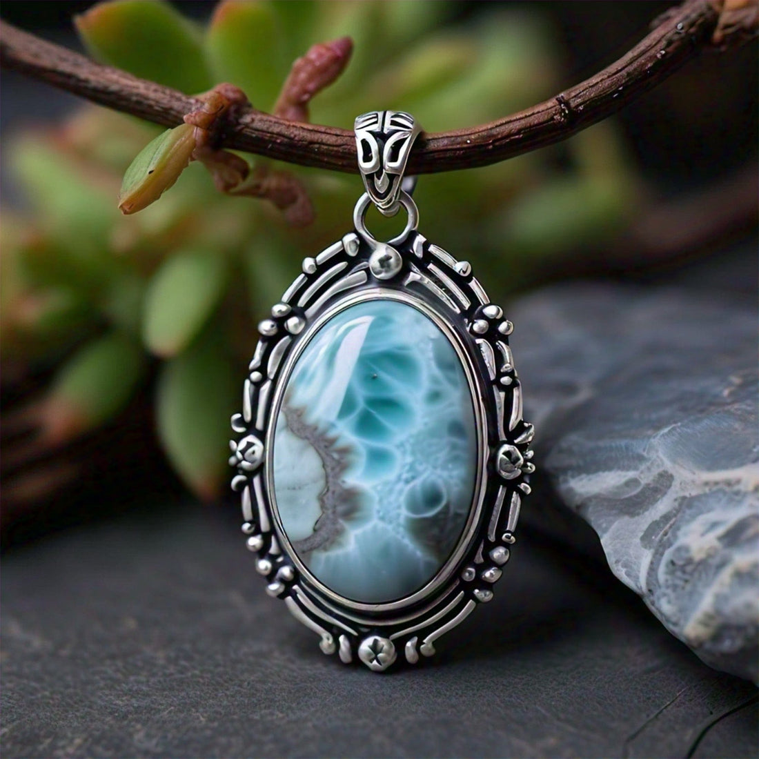 The Nutan Art Jewelry Pendants Nephele Sterling Silver Handmade Antique Large Larimar Pendant